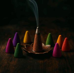 Αναμμένος αρωματικός κώνος ανάμεσα σε χρωματιστούς κώνους με καπνό σε μυστικιστικό φόντο