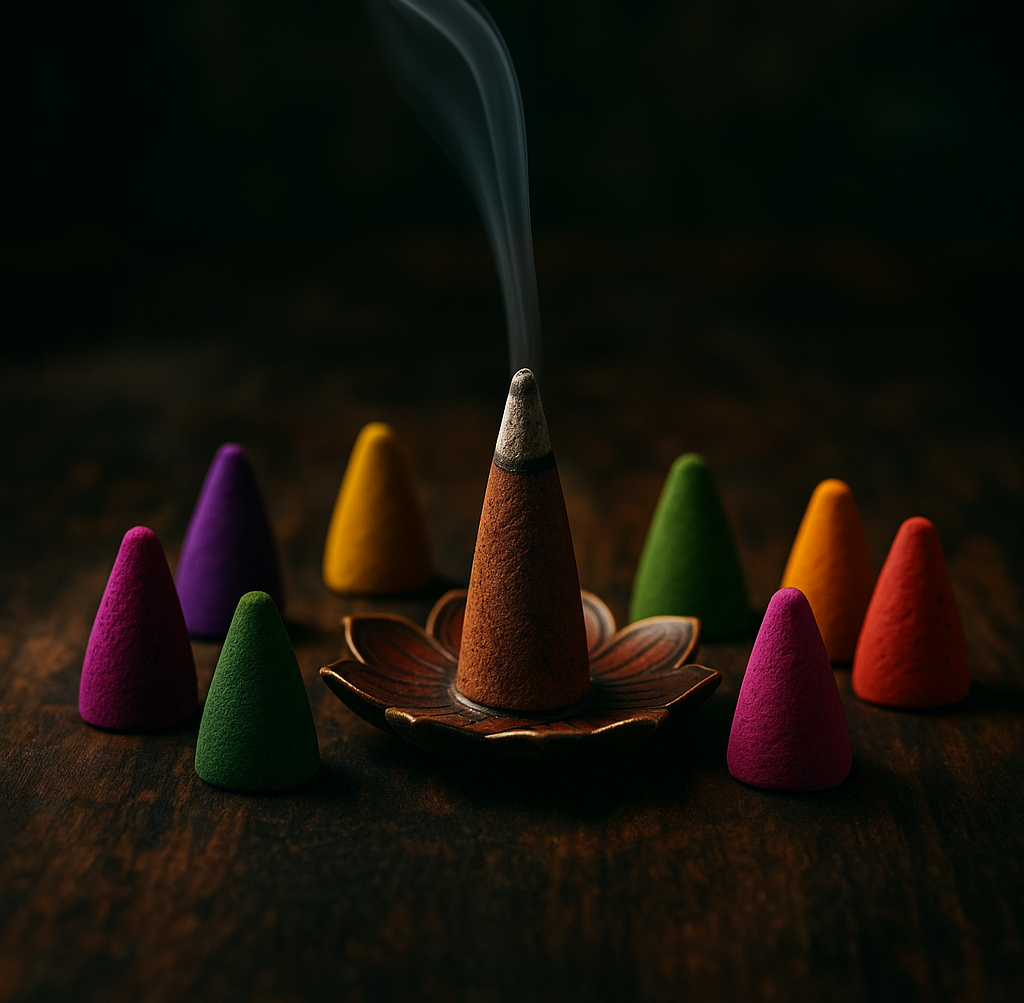 Αναμμένος αρωματικός κώνος ανάμεσα σε χρωματιστούς κώνους με καπνό σε μυστικιστικό φόντο