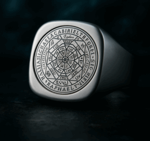 Ασημένιο δαχτυλίδι με σφραγίδα των 7 Αρχαγγέλων σε φωτεινό φόντο