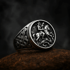 Ασημένιο δαχτυλίδι Αρχάγγελου Μιχαήλ με ανάγλυφη παράσταση και συμβολικά μοτίβα σε μυστηριακό φόντο