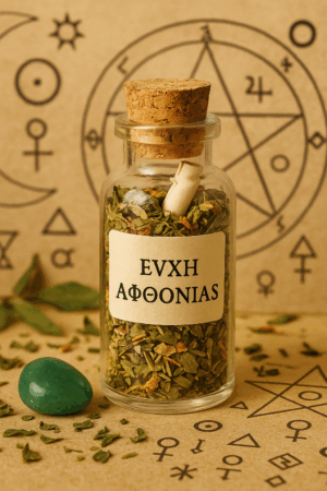 Γυάλινο φιαλίδιο με την ένδειξη "ΕΥΧΗ ΑΦΘΟΝΙΑΣ"