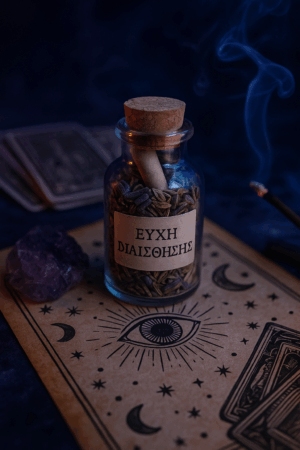 Γυάλινο φιαλίδιο με την επιγραφή "ΕΥΧΗ ΔΙΑΙΣΘΗΣΗΣ"