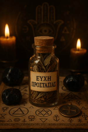 Γυάλινο φιαλίδιο με την επιγραφή "ΕΥΧΗ ΠΡΟΣΤΑΣΙΑΣ"