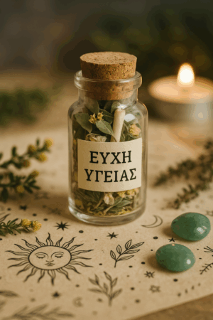 Γυάλινο φιαλίδιο με την επιγραφή "ΕΥΧΗ ΥΓΕΙΑΣ"