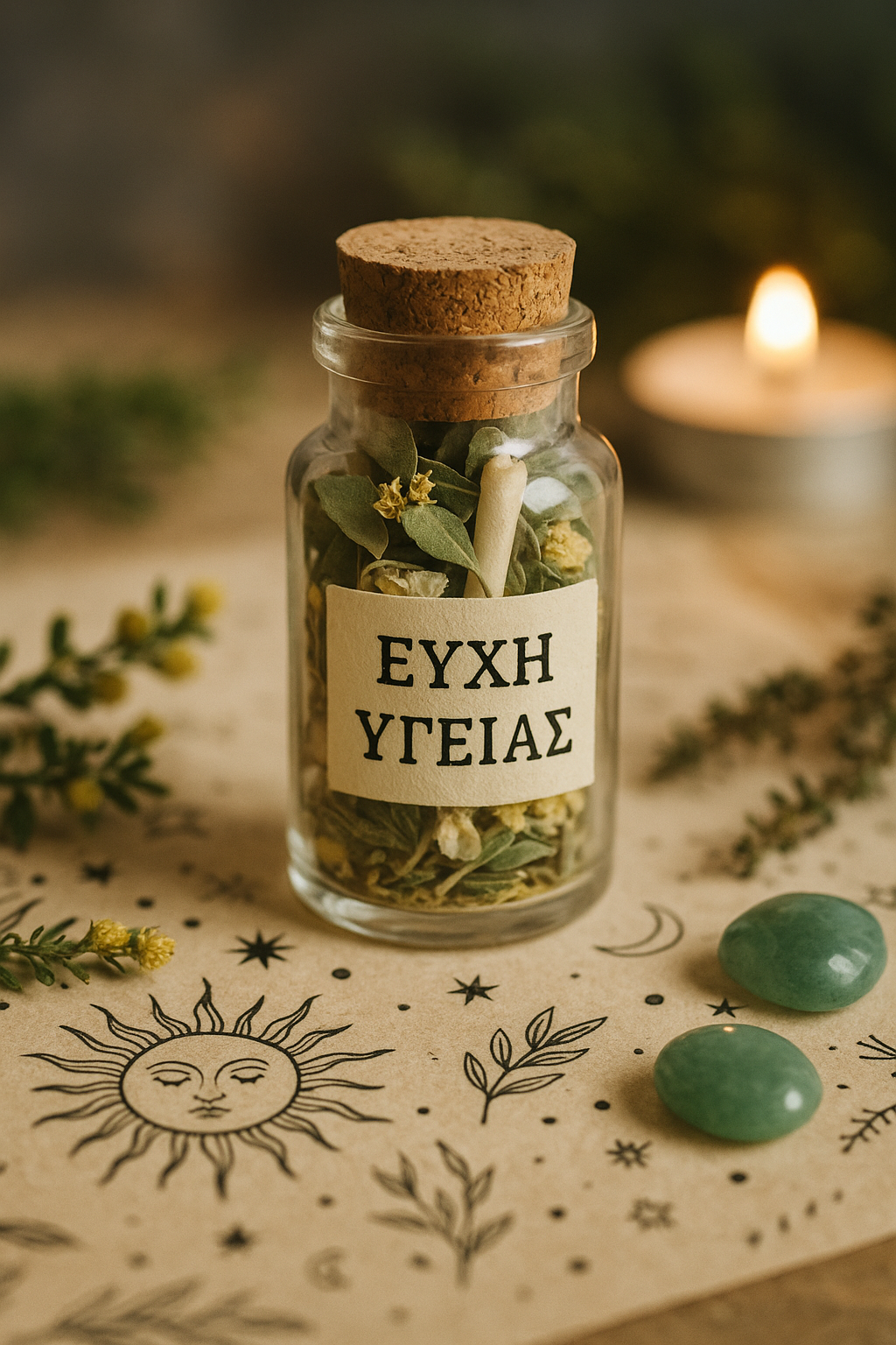 Γυάλινο φιαλίδιο με την επιγραφή "ΕΥΧΗ ΥΓΕΙΑΣ"