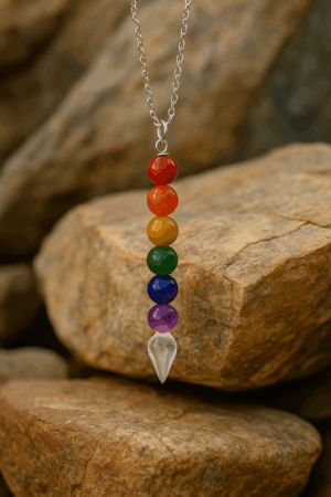 Εκκρεμές με επτά πολύχρωμους λίθους τοποθετημένο σε φωτεινό φόντο