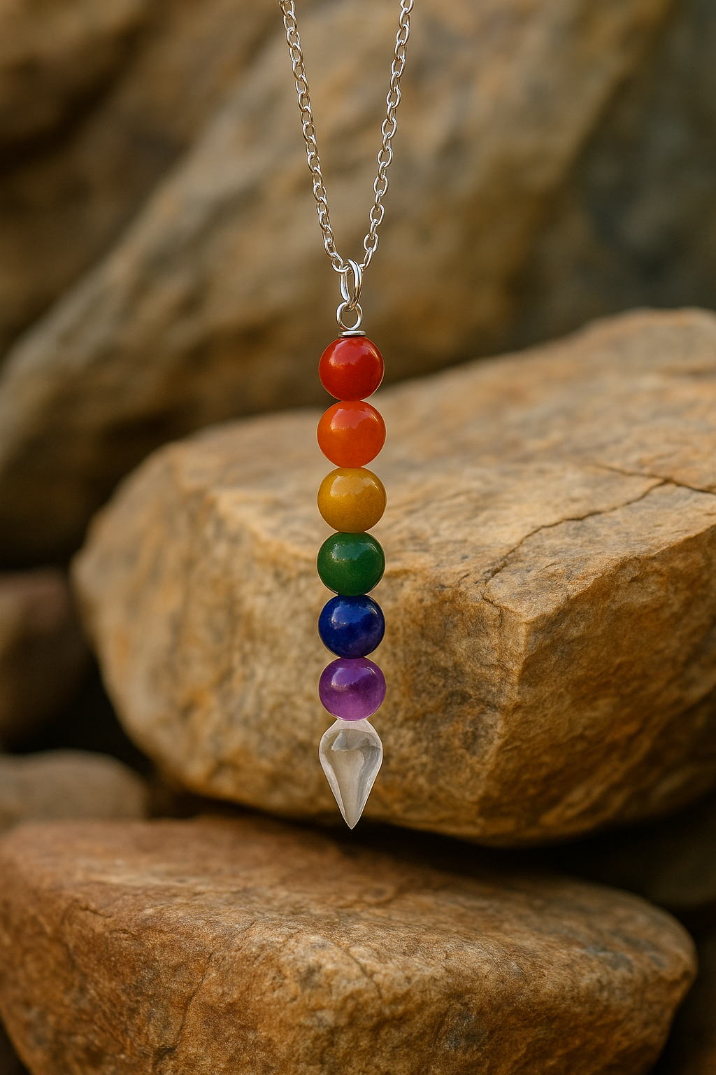 Εκκρεμές με επτά πολύχρωμους λίθους τοποθετημένο σε φωτεινό φόντο