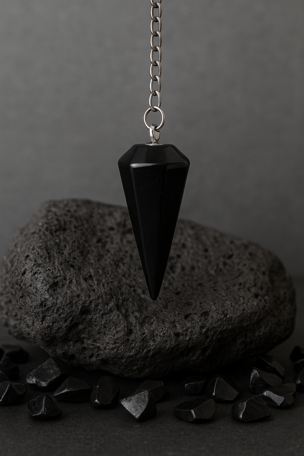 Εκκρεμές από Μαύρο Οψιδιανό πάνω σε ηφαιστειακή επιφάνεια με σκούρο μυστήριο φόντο και chips λίθου
