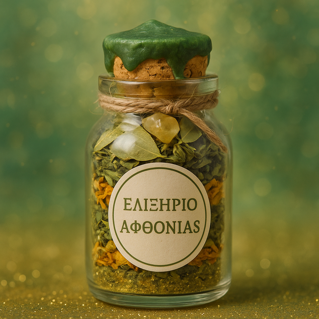 Γυάλινο βάζο 50ml γεμάτο στρώσεις βοτάνων σε πράσινους και χρυσούς τόνους