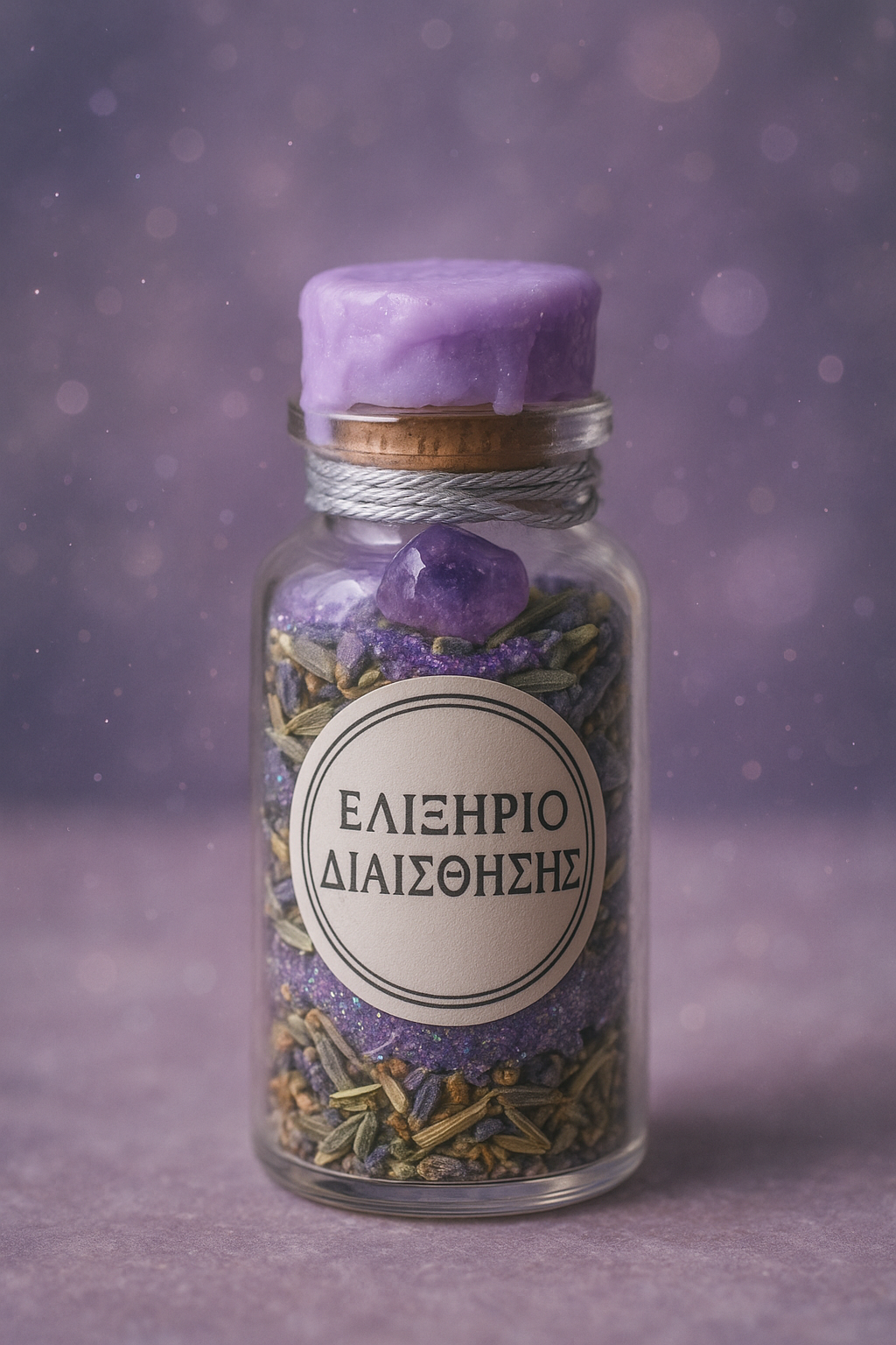 Γυάλινο βάζο γεμάτο στρώσεις από λεβάντα