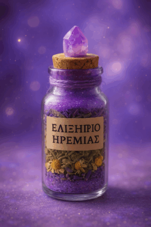 Γυάλινο βάζο με την ετικέτα “ΕΛΙΞΗΡΙΟ ΗΡΕΜΙΑΣ”