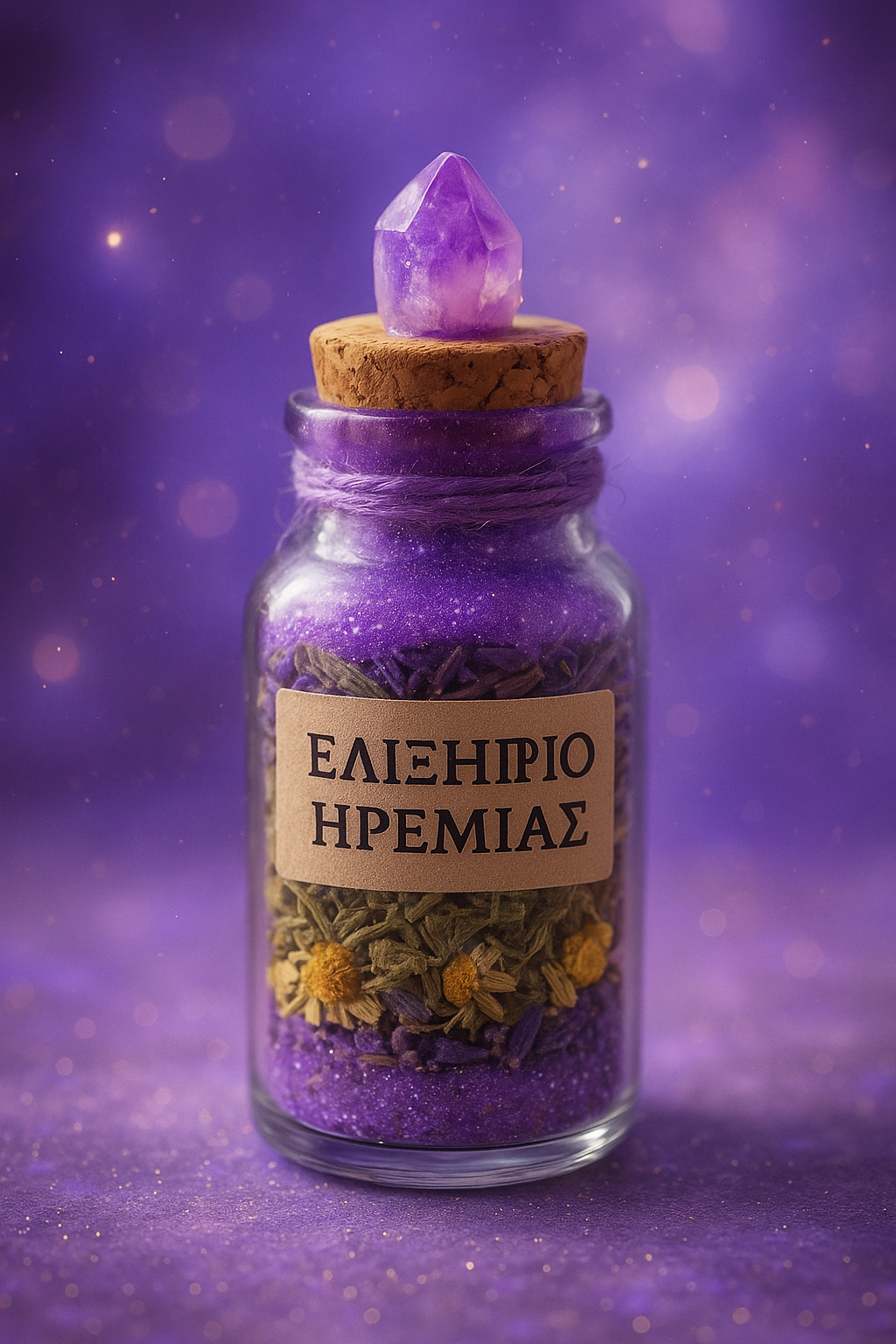 Γυάλινο βάζο με την ετικέτα “ΕΛΙΞΗΡΙΟ ΗΡΕΜΙΑΣ”