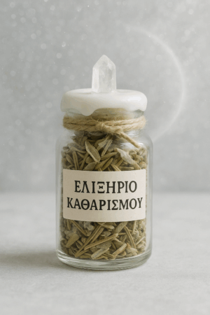 Γυάλινο βάζο με ετικέτα “ΕΛΙΞΗΡΙΟ ΚΑΘΑΡΙΣΜΟΥ”