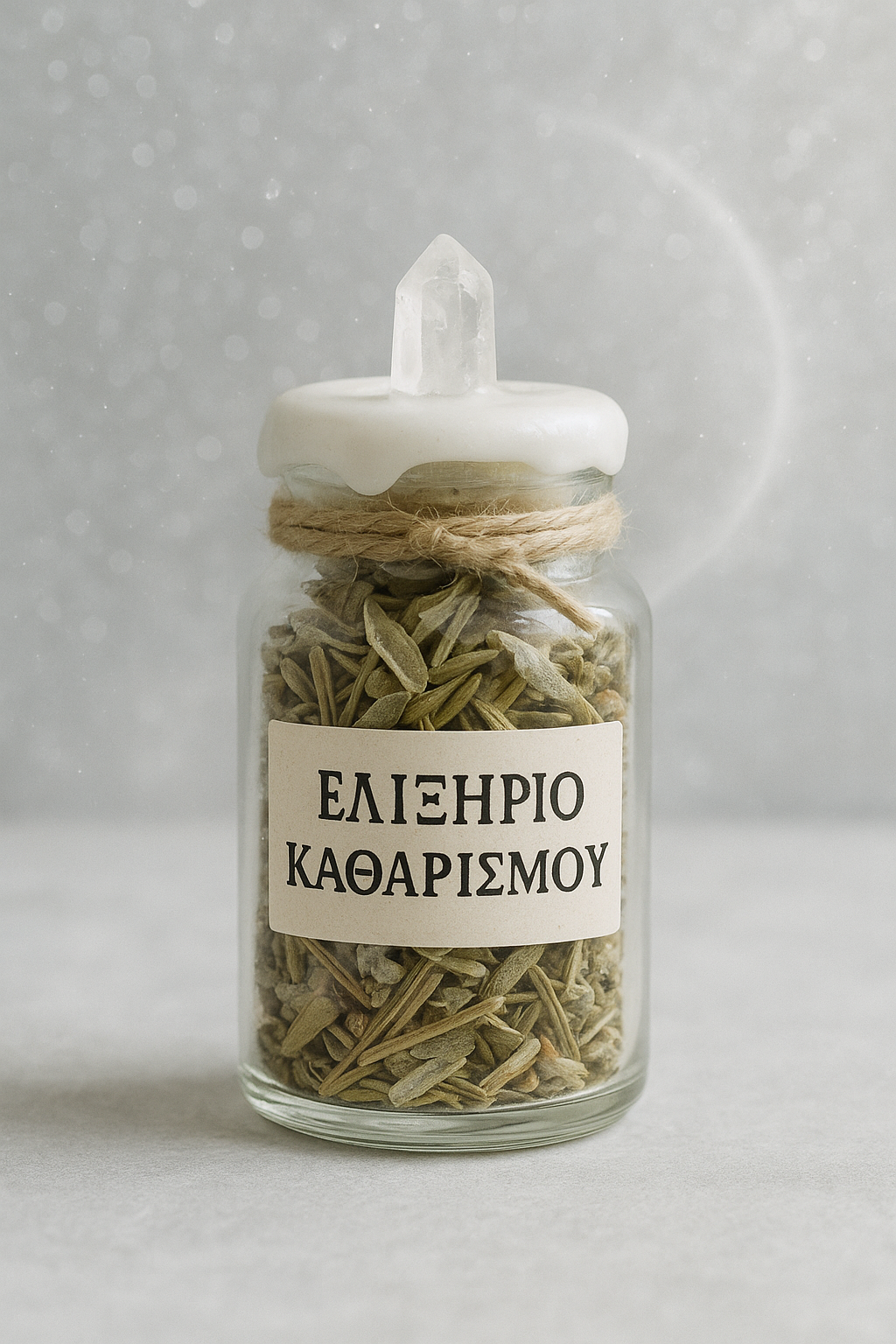 Γυάλινο βάζο με ετικέτα “ΕΛΙΞΗΡΙΟ ΚΑΘΑΡΙΣΜΟΥ”