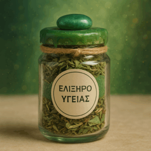 Γυάλινο βάζο με ετικέτα “ΕΛΙΞΗΡΙΟ ΥΓΕΙΑΣ”