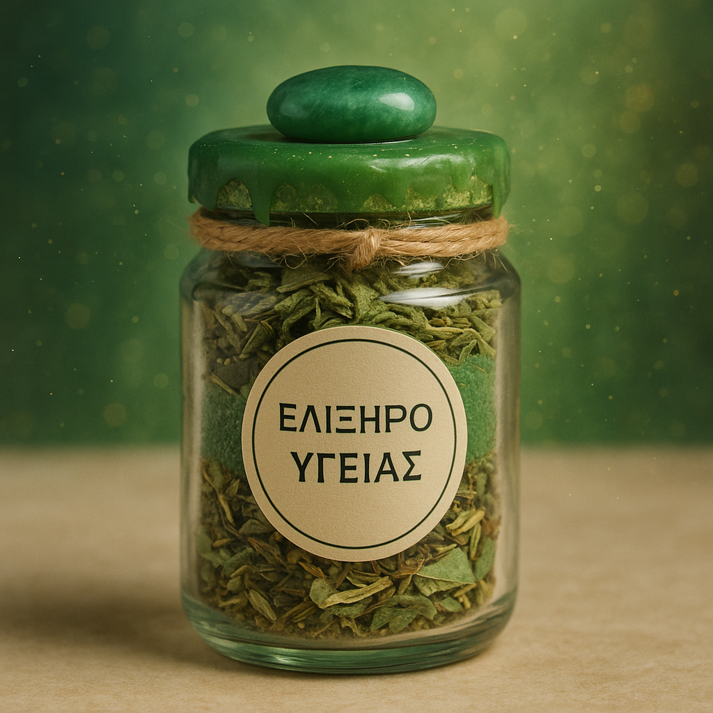 Γυάλινο βάζο με ετικέτα “ΕΛΙΞΗΡΙΟ ΥΓΕΙΑΣ”