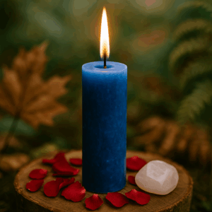 Κερί Πανσελήνου – Ασημί κερί με σεληνίτη και βότανα σε τελετουργικό φόντο