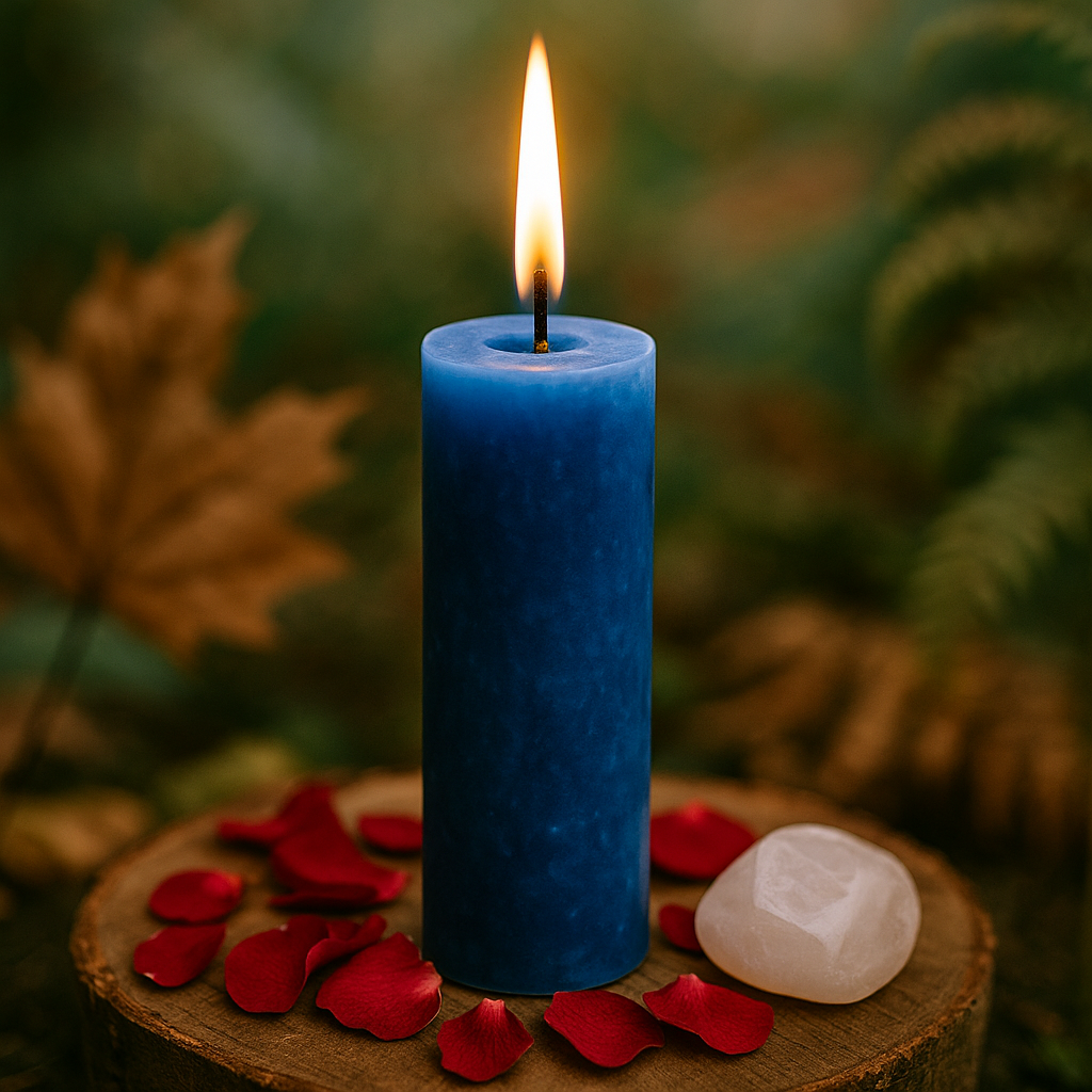 Κερί Πανσελήνου – Ασημί κερί με σεληνίτη και βότανα σε τελετουργικό φόντο