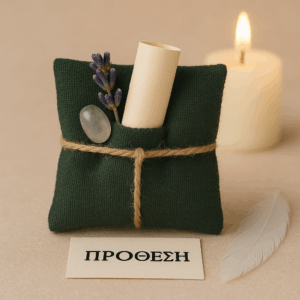 Φυλαχτό αγγελικής πρόθεσης σε σκούρο πράσινο πουγκί με περγαμηνή