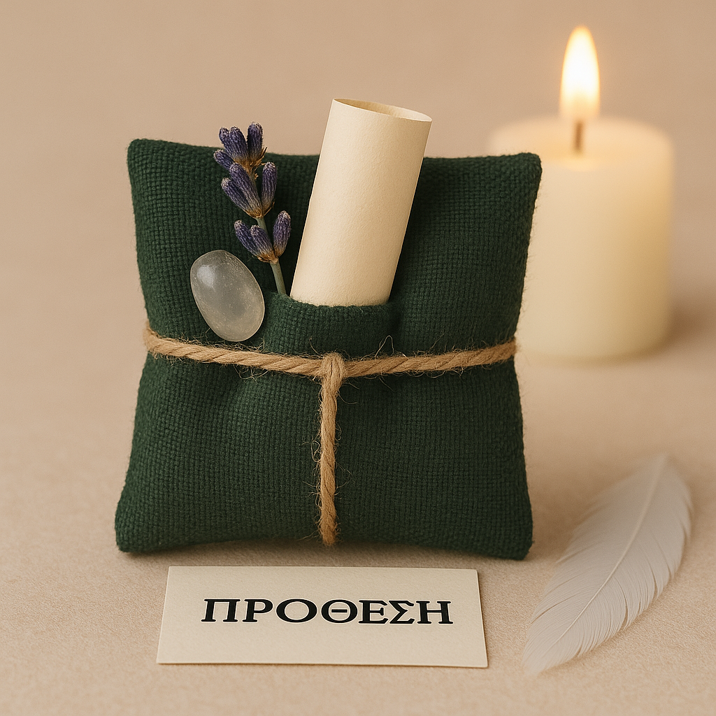 Φυλαχτό αγγελικής πρόθεσης σε σκούρο πράσινο πουγκί με περγαμηνή