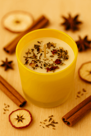 Κερί σόγιας σε κίτρινο γυάλινο ποτήρι