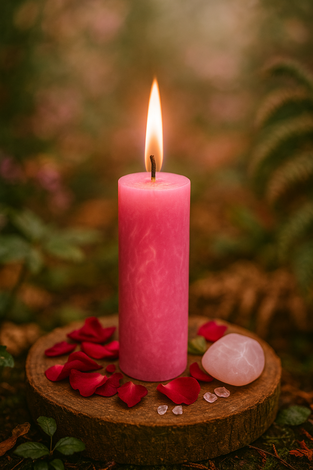 Κερί Αυτοαγάπης – Ροζ κερί πρόθεσης με ροδοπέταλα και ροζ χαλαζία
