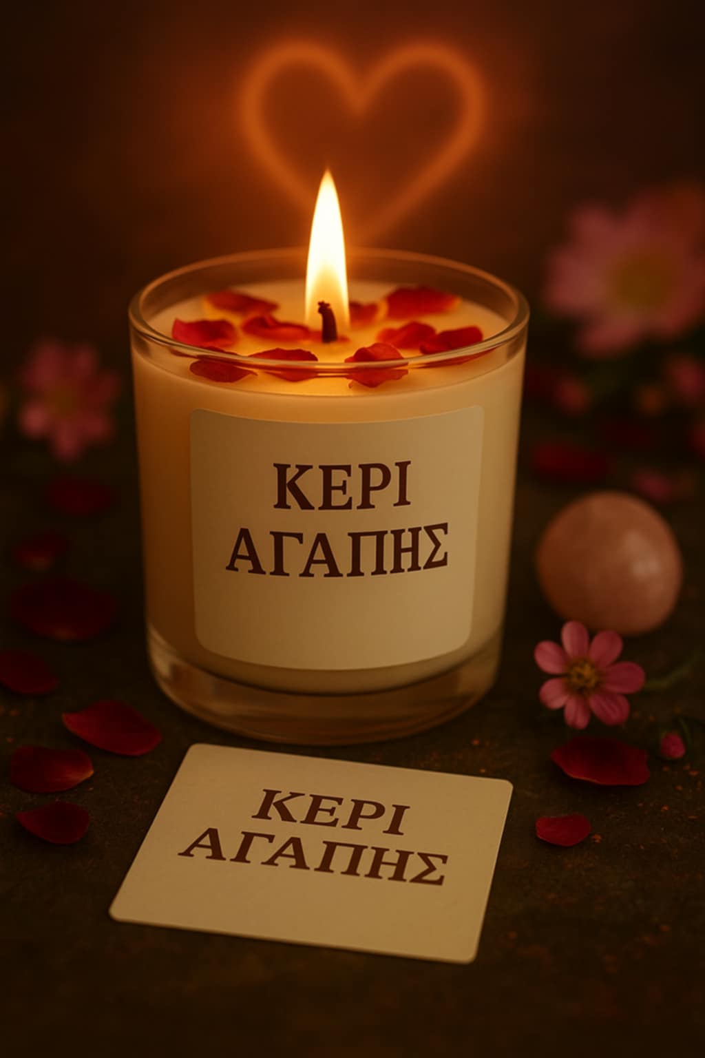 Χειροποίητο κερί αγάπης σε γυάλινο ποτήρι με ροδοπέταλα και κανέλα