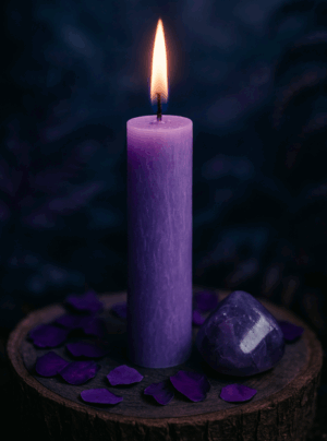 Κερί Διαίσθησης – Μοβ ή ασημί λεπτό κερί με αμέθυστο σε μυστικιστικό φόντο