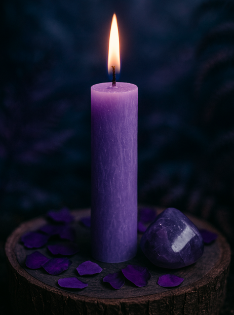 Κερί Διαίσθησης – Μοβ ή ασημί λεπτό κερί με αμέθυστο σε μυστικιστικό φόντο