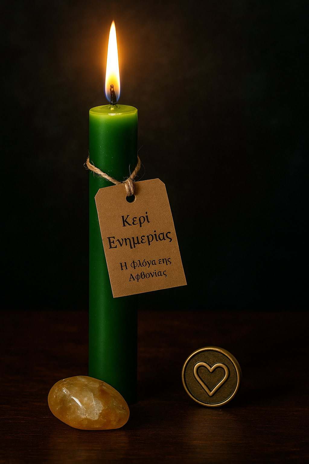 Κερί Ευημερίας – Χειροποίητο κερί πρόθεσης με πράσινο χρώμα και λίθο κιτρίνη