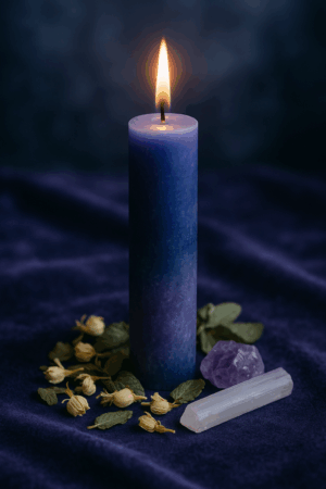 Κερί για Όνειρα – Μοβ και ασημί κερί με αμέθυστο και βοτανικά στοιχεία πάνω σε βελούδινο ύφασμα