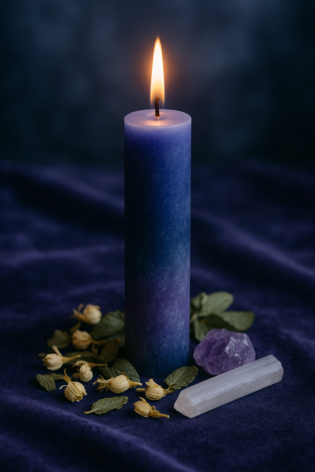 Κερί για Όνειρα – Μοβ και ασημί κερί με αμέθυστο και βοτανικά στοιχεία πάνω σε βελούδινο ύφασμα