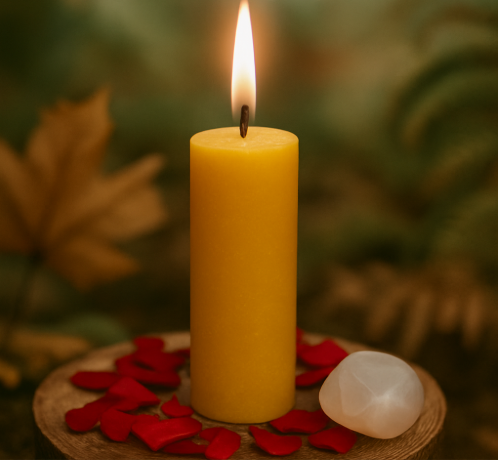 Κερί Νέας Αρχής – Κίτρινο κερί με βοτανικά στοιχεία και κρύσταλλο σε φυσικό περιβάλλον