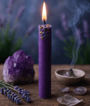 Κερί Πνευματικής Σύνδεσης – Μοβ κερί με αμέθυστο και λιβάνι