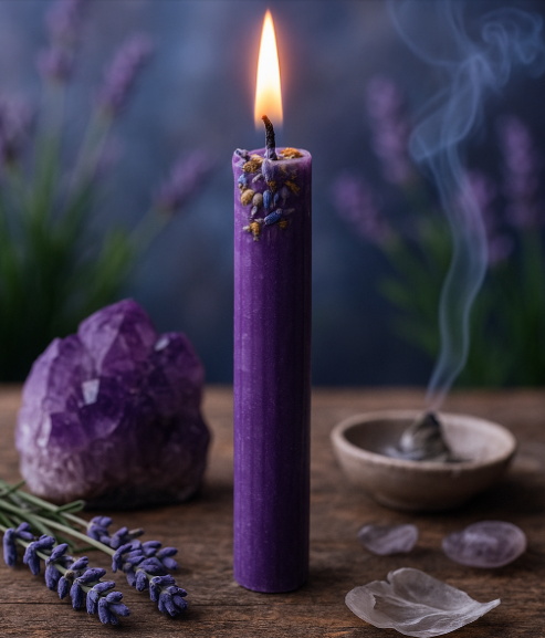 Κερί Πνευματικής Σύνδεσης – Μοβ κερί με αμέθυστο και λιβάνι