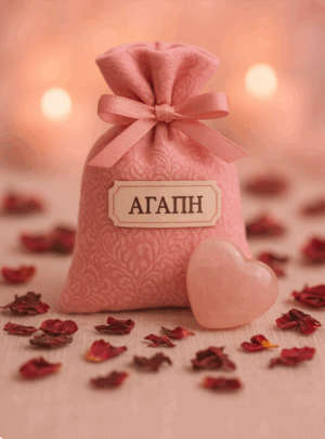 Ροζ σατέν σακουλάκι με κορδέλα και ετικέτα “ΑΓΑΠΗ”