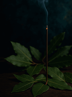 Αναμμένο αρωματικό στικ προστασίας με φύλλα δάφνης σε σκοτεινό ιερό φόντο