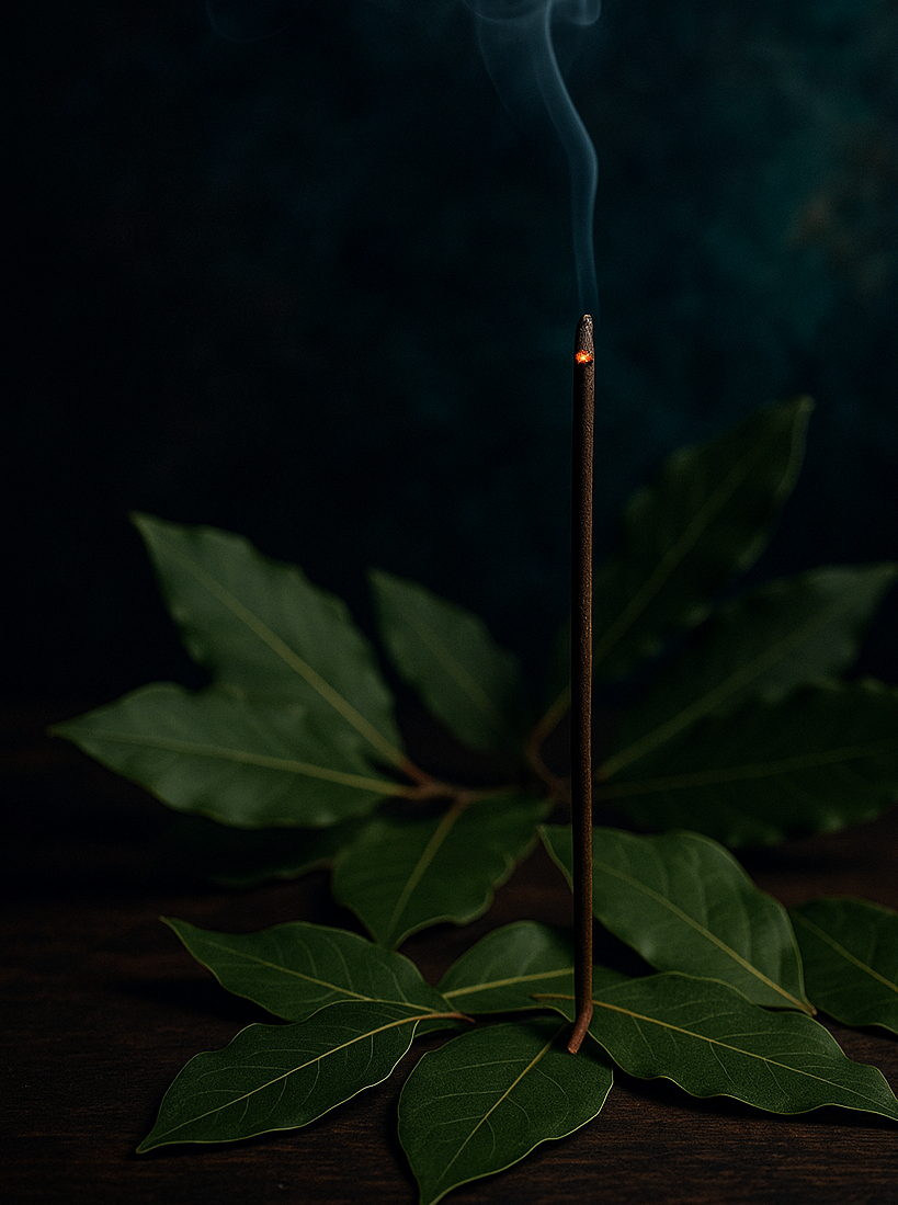 Αναμμένο αρωματικό στικ προστασίας με φύλλα δάφνης σε σκοτεινό ιερό φόντο