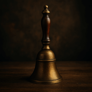 Μπρούτζινο τελετουργικό καμπανάκι με ξύλινη λαβή σε σκοτεινό μαγικό φόντο