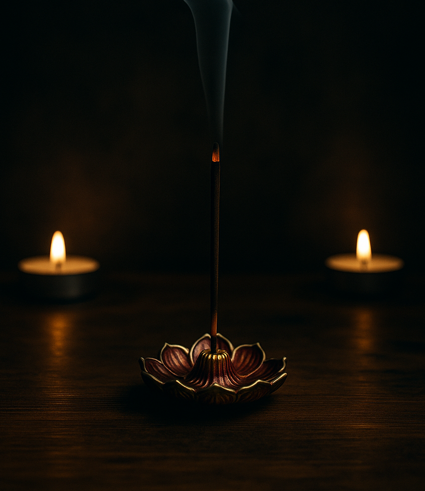 Μεταλλική βάση στικ λωτού σε κόκκινο-χρυσό με αναμμένο στικ και καπνό σε σκοτεινό μυσταγωγικό φόντο