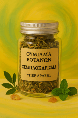 Γυάλινο βαζάκι 50ml με το βοτανικό θυμίαμα Ξεμπλοκάρισμα – ιδανικό για άρση εμποδίων και ενίσχυση δράσης